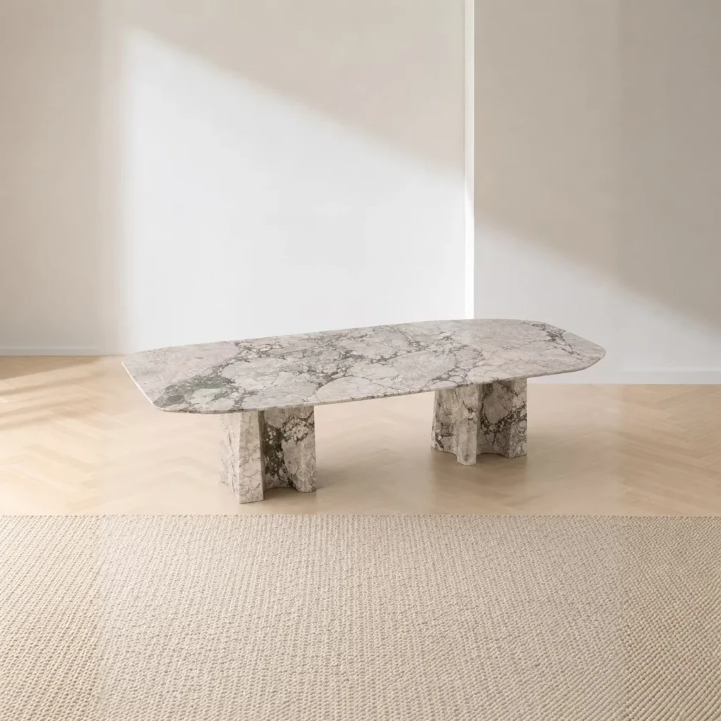 Four Seasons Pink-Green Stone Dining Table on Slab Legs in rose stone — front view
