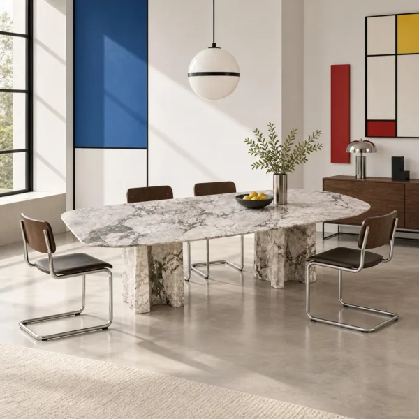 Four Seasons Pink-Green Stone Dining Table on Slab Legs in rose stone — in a room setting