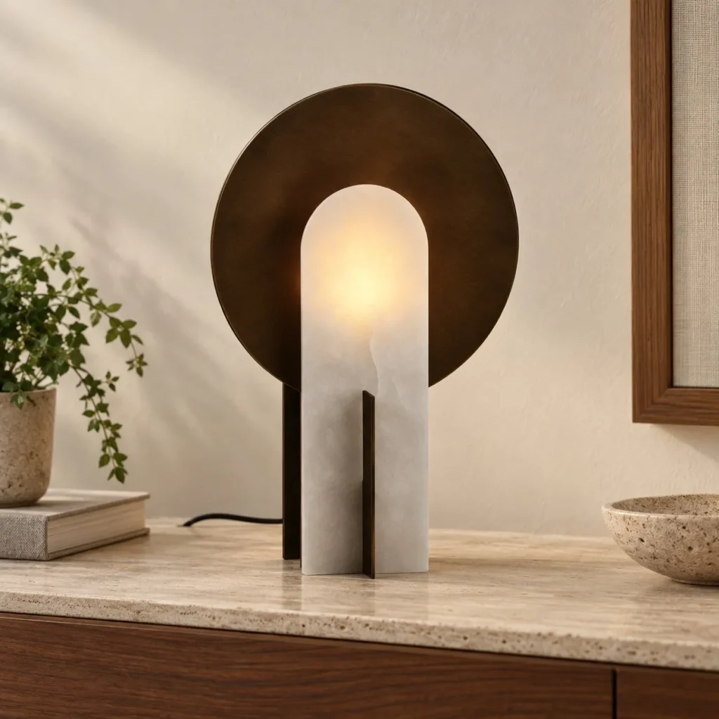 Stone Arch Table Lamp with Black Metal Disc in sand — front view