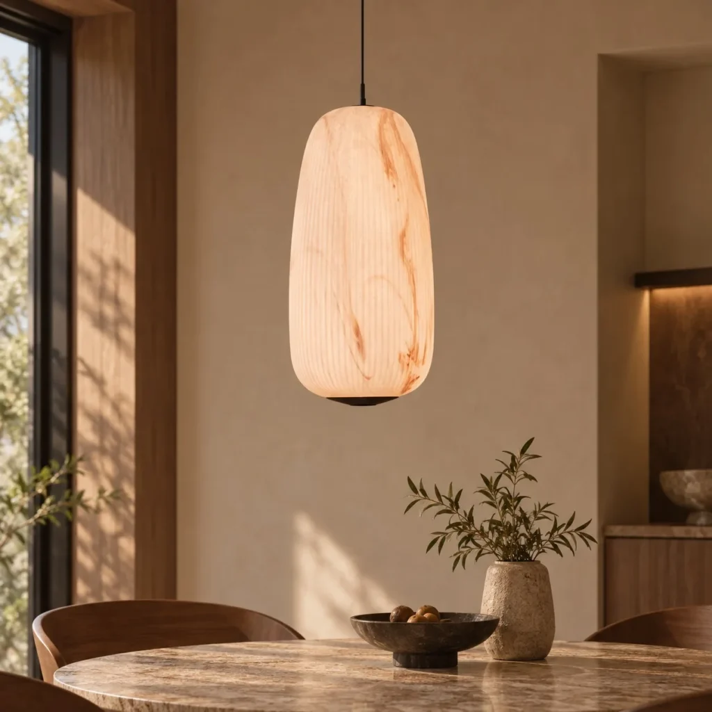 Stone-Pattern Long Oval Pendant Light, 25 cm in ivory — front view