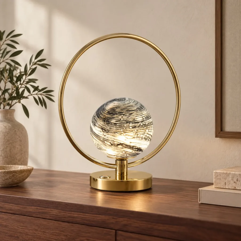 Marbled Glass Globe Table Lamp in Brass Ring — front view