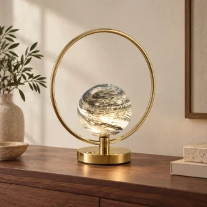 Marbled Glass Globe Table Lamp in Brass Ring — front view