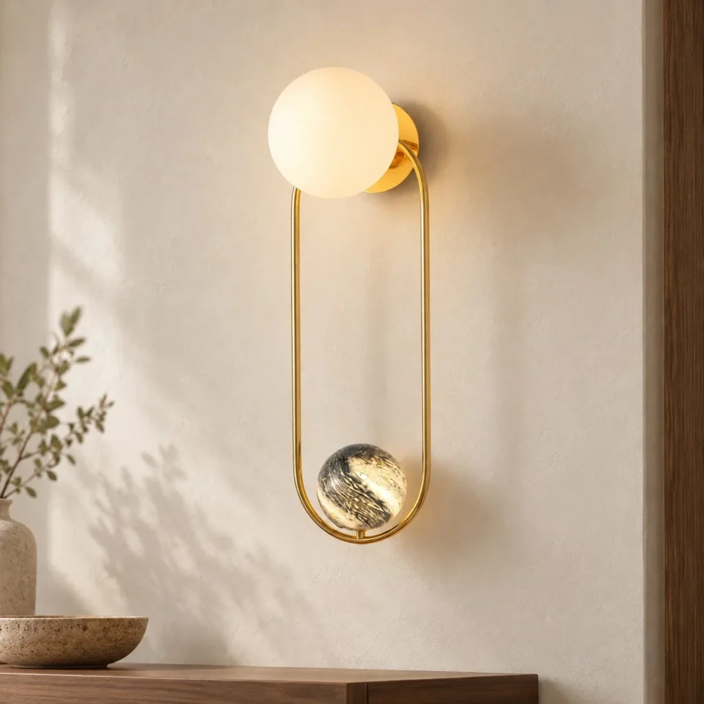 Brass Loop Wall Light with Opal Globe and Marbled Sphere in brushed brass — front view
