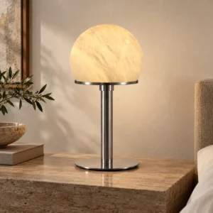 Alabaster-Look Globe Table Lamp on Chrome Stem in silver — front view