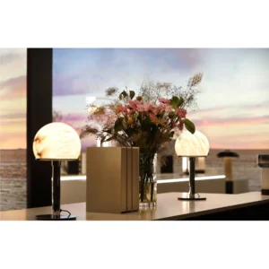Alabaster-Look Globe Table Lamp on Chrome Stem in silver — in a room setting