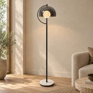 Stone Globe Floor Lamp with Smoked Half-Dome Shade in black — front view