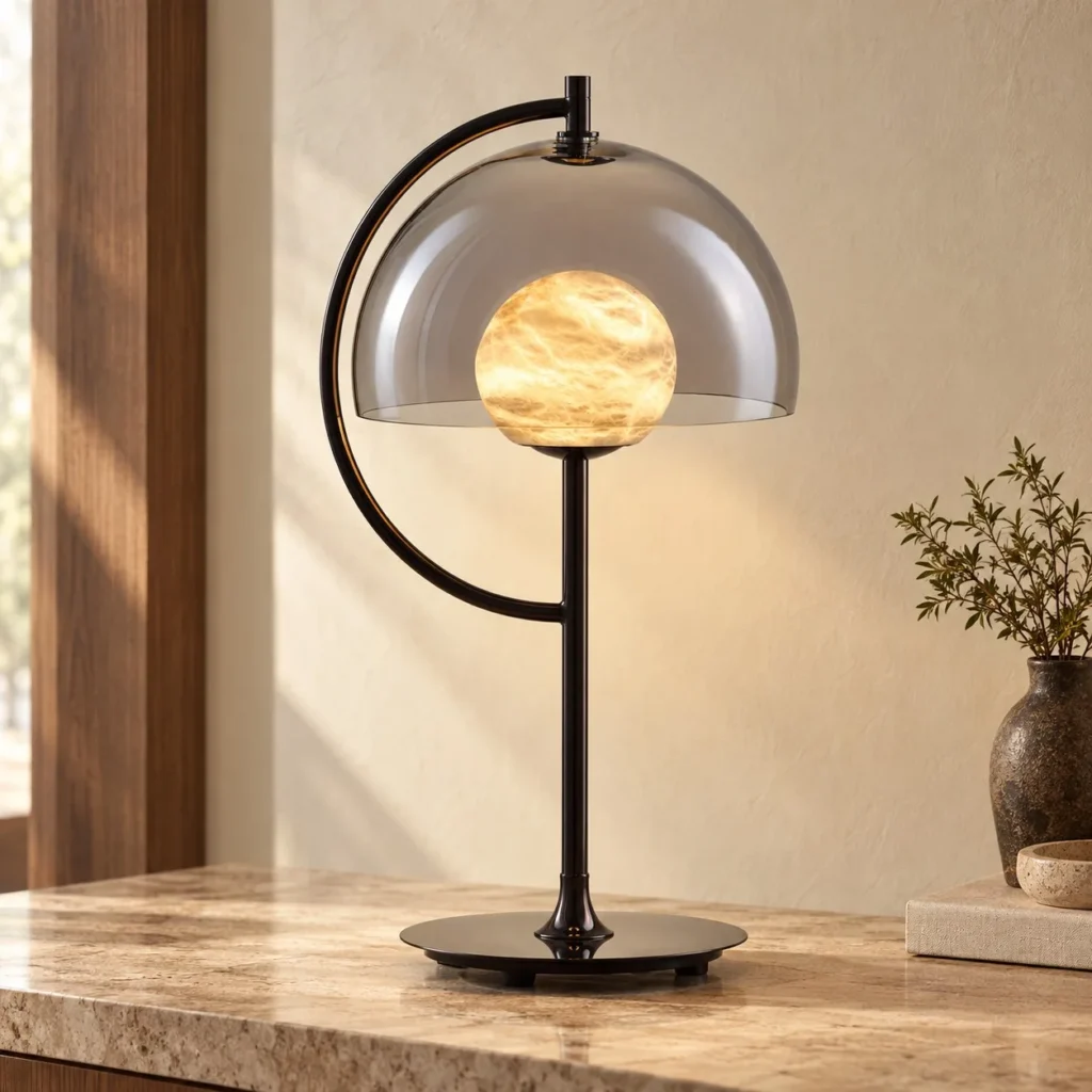 Marbled Globe Table Lamp with Smoked Glass Half Shade in black — front view