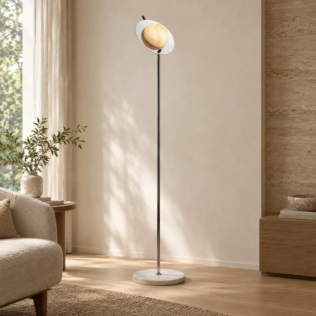 Stone Half-Moon Disc Floor Lamp on Chrome Stem in silver — front view