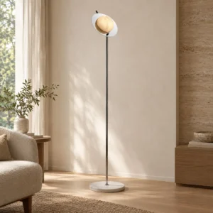 Stone Half-Moon Disc Floor Lamp on Chrome Stem in silver — front view