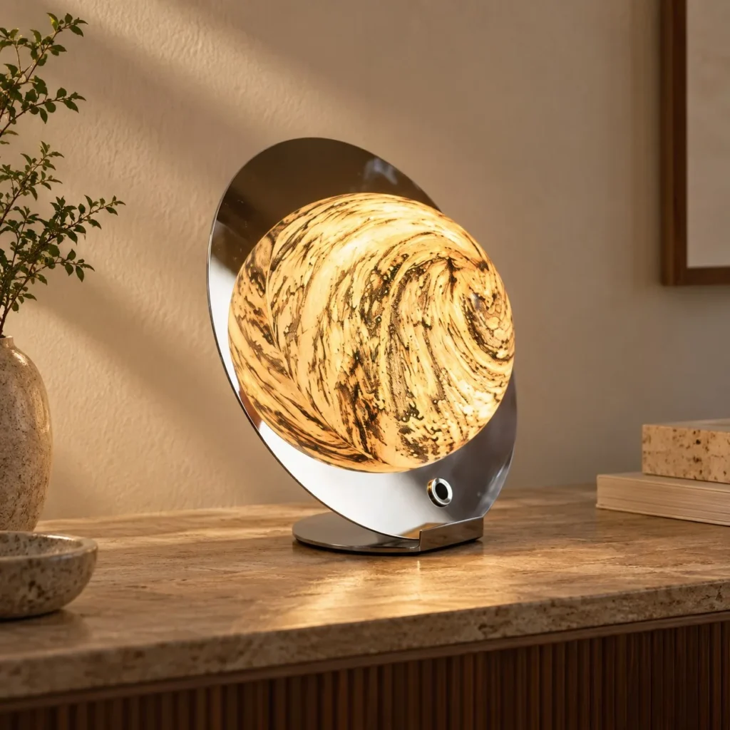 Marbled Half Moon Disc Table Lamp on Low Chrome Base in silver — front view