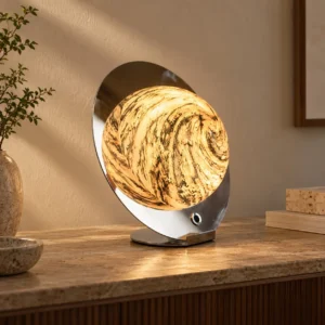 Marbled Half Moon Disc Table Lamp on Low Chrome Base in silver — front view