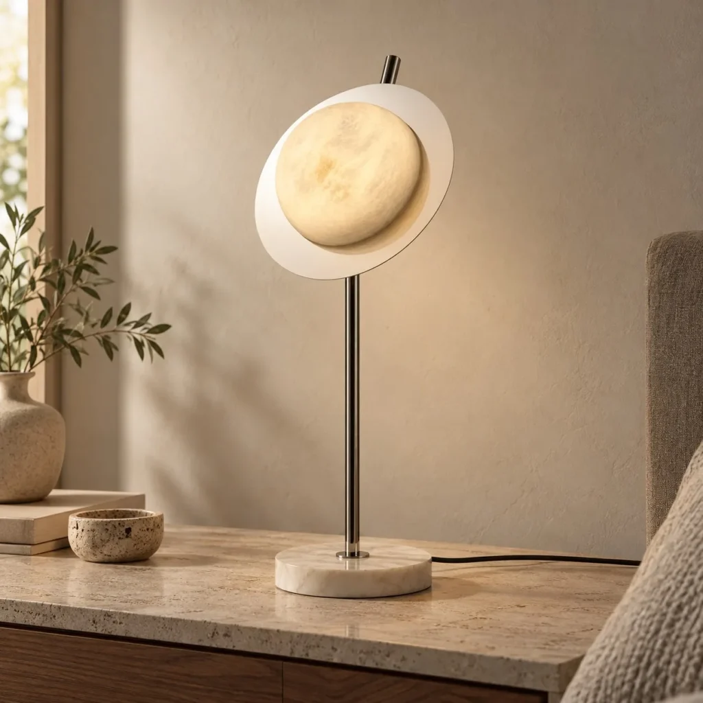 Stone Half Moon Disc Table Lamp on Tall Chrome Stem in silver — front view