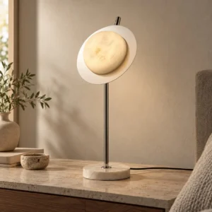 Stone Half Moon Disc Table Lamp on Tall Chrome Stem in silver — front view