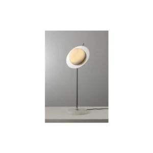 Stone Half Moon Disc Table Lamp on Tall Chrome Stem in silver — in a room setting