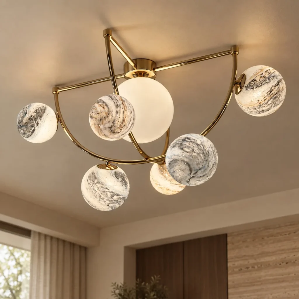 Stone Planet Orbit Flush Ceiling Light with Brass Arms in brushed brass — front view