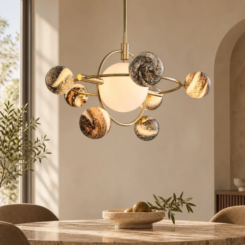 Stone Planet Orbit Chandelier with Multiple Globes, 85 cm in brushed brass — front view