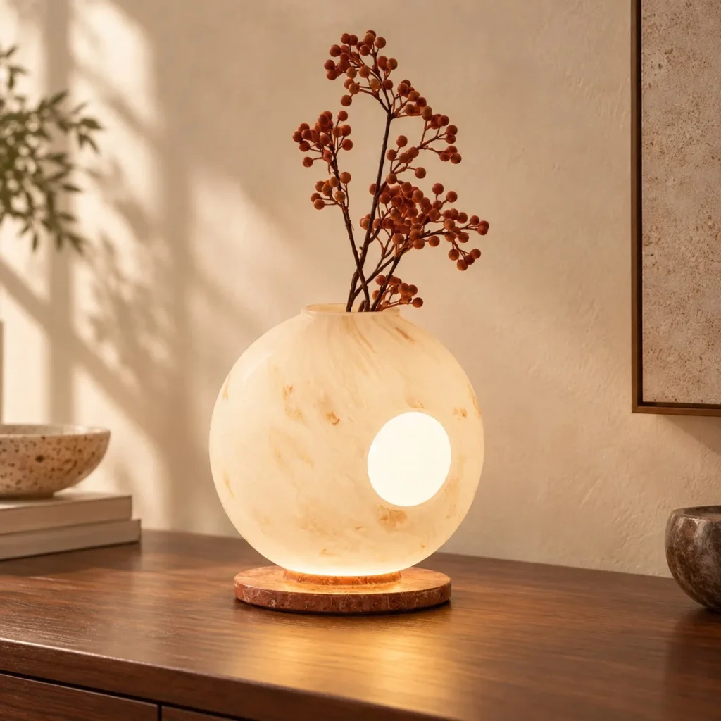 Marbled Glass Sphere Vase Table Lamp with Light Ring in oatmeal — front view