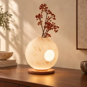 Marbled Glass Sphere Vase Table Lamp with Light Ring in oatmeal — front view