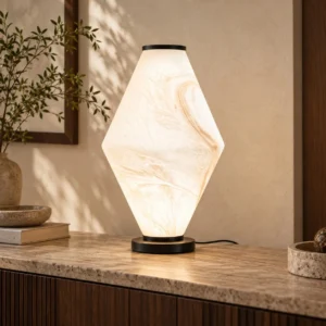 Alabaster-Look Diamond Table Lamp on Black Base in oatmeal — front view