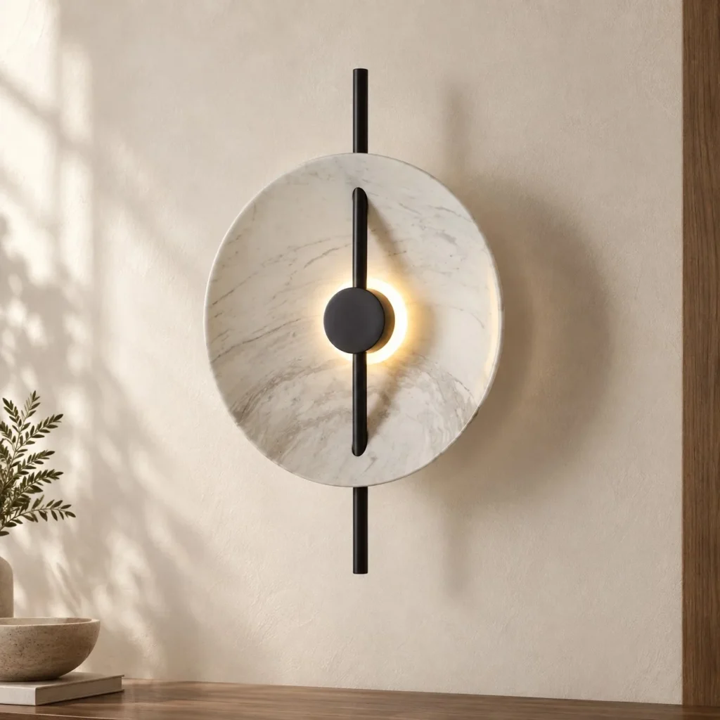 Marbled Stone Disc Wall Light with Black Rod in oatmeal — front view