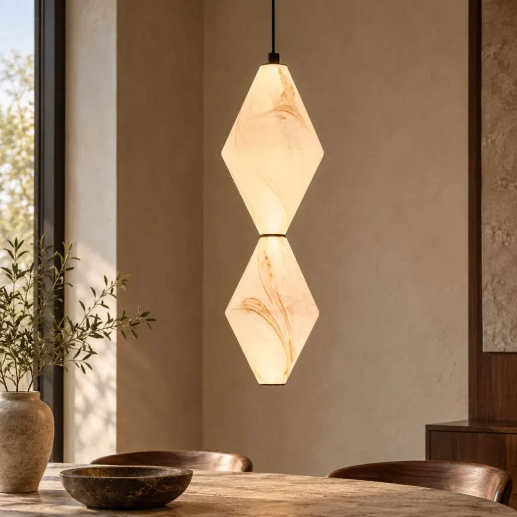 Stone-Pattern Glass Double Diamond Pendant Light, 18 cm in ivory — front view