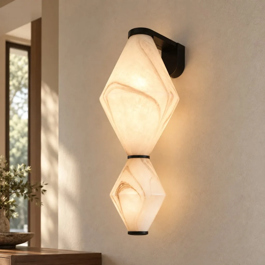 Alabaster-Look Double Diamond Wall Light on Black Bracket in oatmeal — front view
