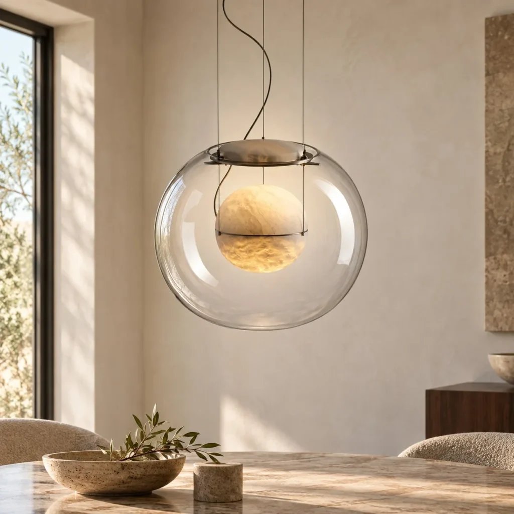 Stone-Pattern Glass Dome Pendant Light in ivory — front view