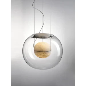 Stone-Pattern Glass Dome Pendant Light in ivory — in a room setting