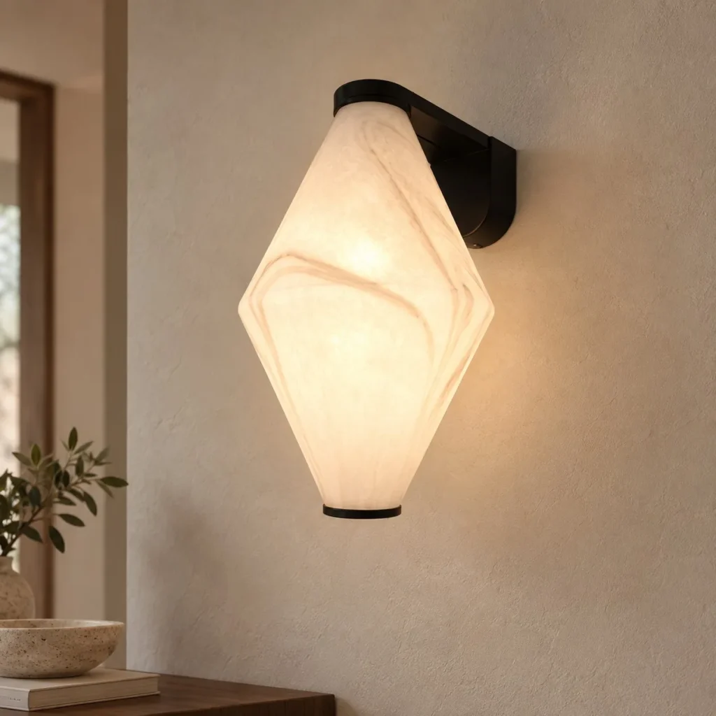 Alabaster-Look Single Diamond Wall Light on Black Bracket in oatmeal — front view