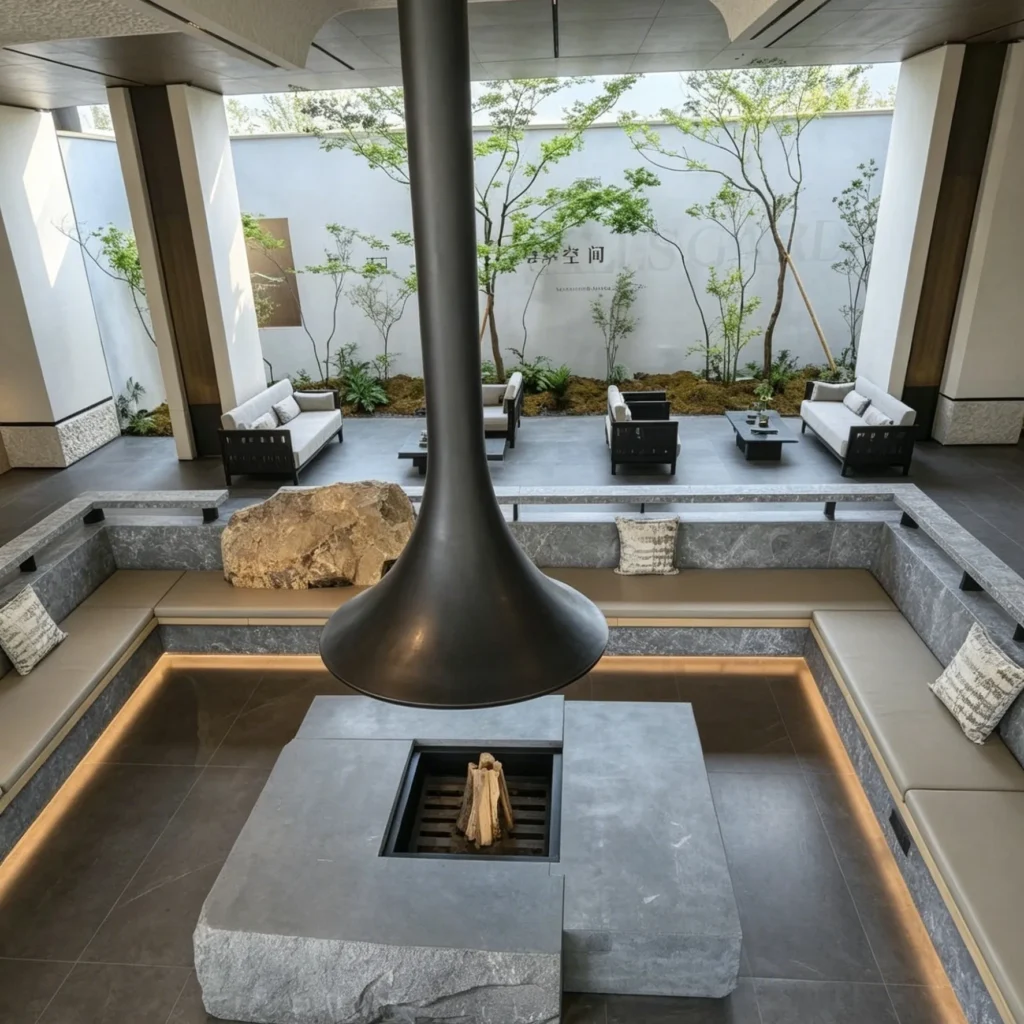 Suspended Trumpet Fireplace over Natural Stone Hearth in black — front view