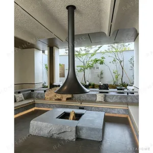 Suspended Trumpet Fireplace over Natural Stone Hearth in black — in a room setting