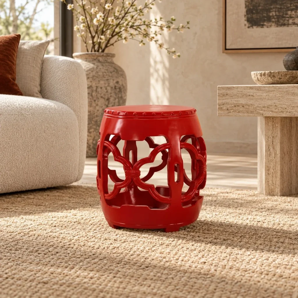 Red Glazed Ceramic Garden Stool with Pierced Cloud Pattern in red — front view