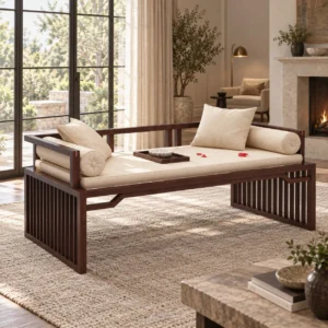 Dark Walnut Slatted Daybed with Cream Cushions in walnut — in a room setting
