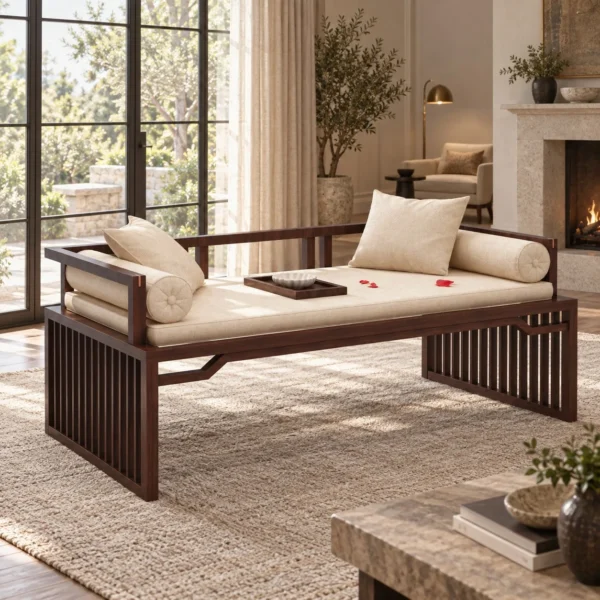Dark Walnut Slatted Daybed with Cream Cushions in walnut — in a room setting