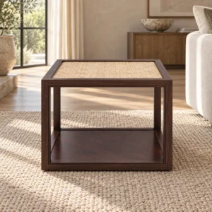 Dark Walnut Cube Side Table with Rattan Top and Shelf in walnut — front view