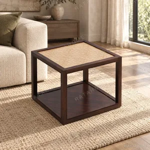 Dark Walnut Cube Side Table with Rattan Top and Shelf in walnut — in a room setting