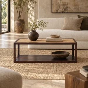 Dark Walnut Coffee Table with Rattan Top and Low Shelf in walnut — front view
