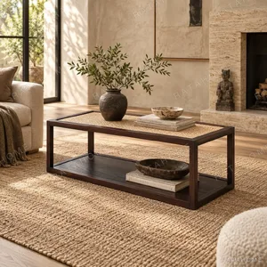 Dark Walnut Coffee Table with Rattan Top and Low Shelf in walnut — in a room setting