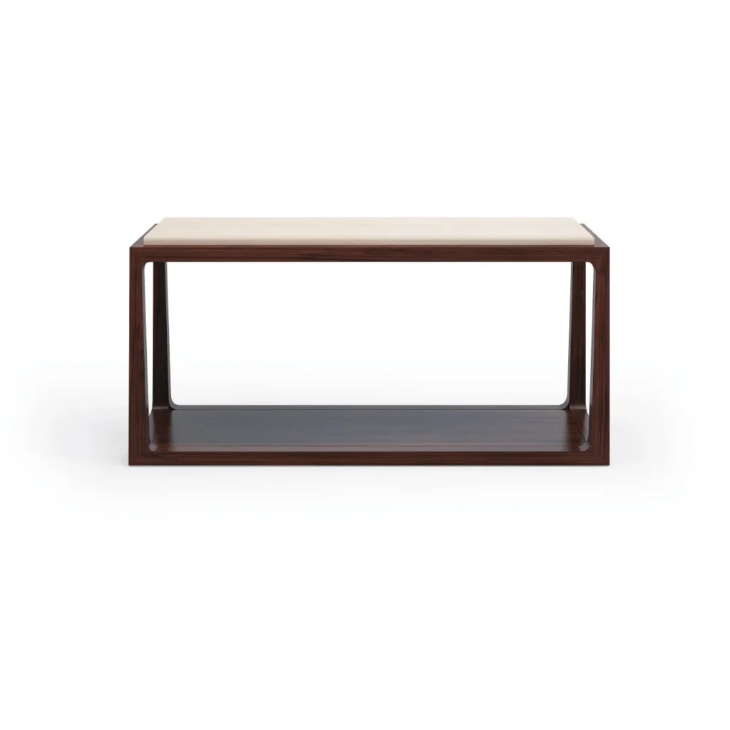 Dark Walnut Coffee Table with Cream Stone Top and Shelf in walnut — front view