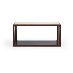 Dark Walnut Coffee Table with Cream Stone Top and Shelf in walnut — front view