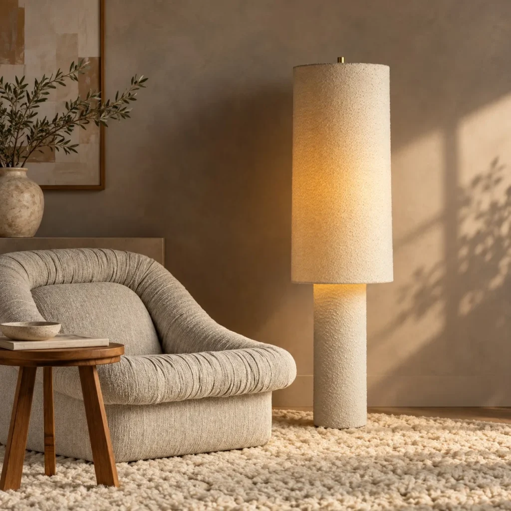 Straight Cylinder Fabric Floor Lamp with Double Shade in oatmeal — front view