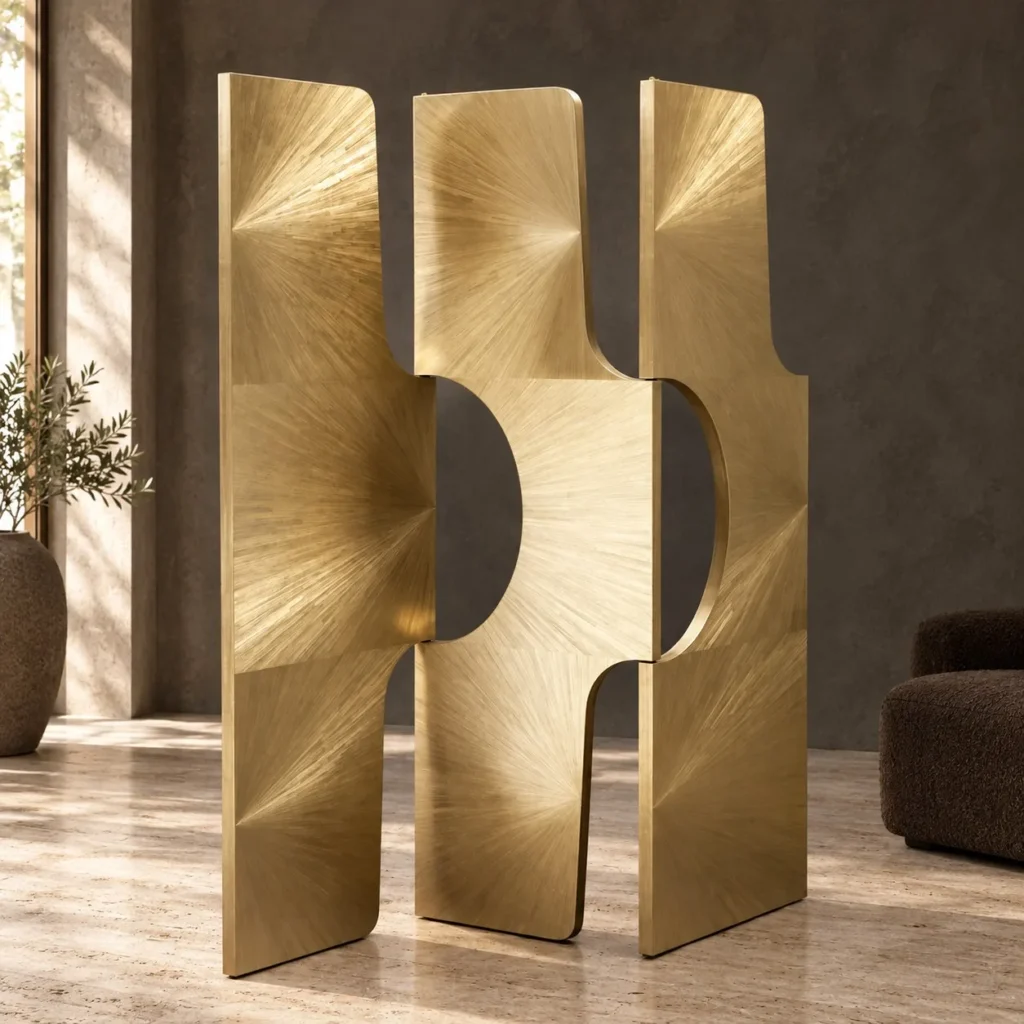 Straw Marquetry Three-Panel Art Screen in brushed brass — front view