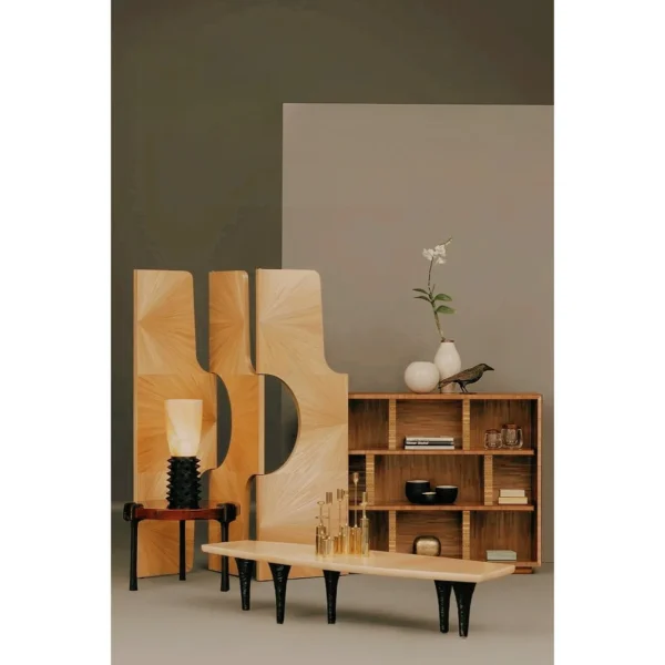 Straw Marquetry Three-Panel Art Screen in brushed brass — in a room setting