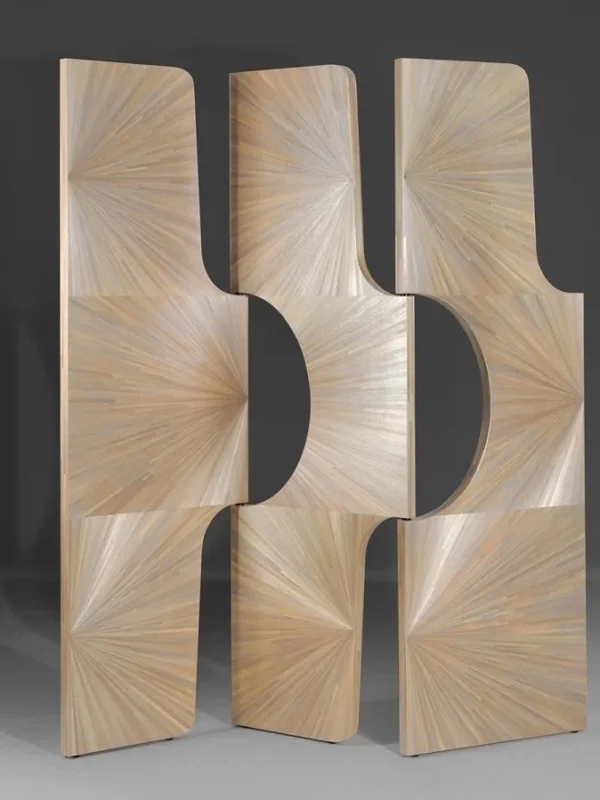 Straw Marquetry Three-Panel Art Screen in brushed brass — in a room setting