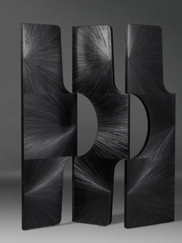 Straw Marquetry Three-Panel Art Screen in brushed brass — in a room setting