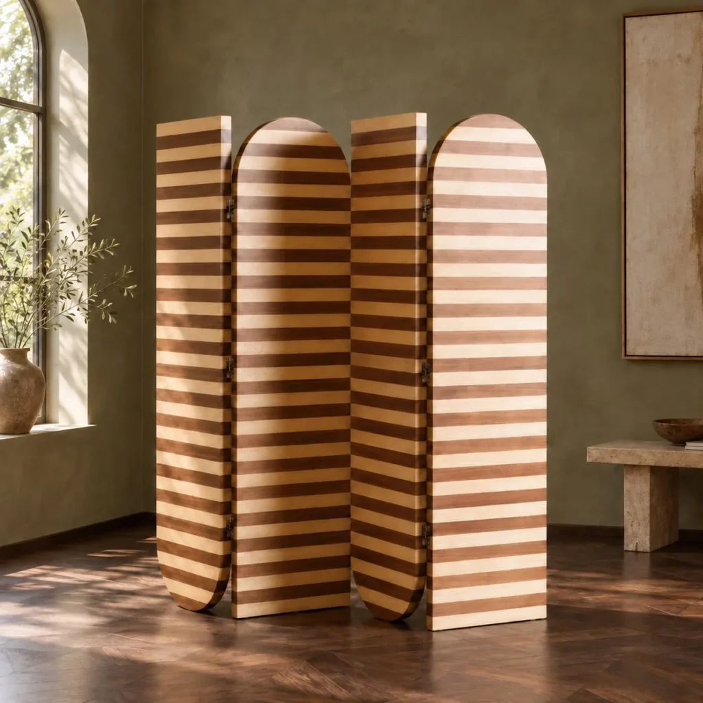 Striped Walnut and Ash Arched Folding Screen in walnut — front view