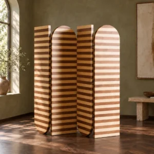 Striped Walnut and Ash Arched Folding Screen in walnut — front view