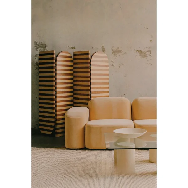Striped Walnut and Ash Arched Folding Screen in walnut — in a room setting