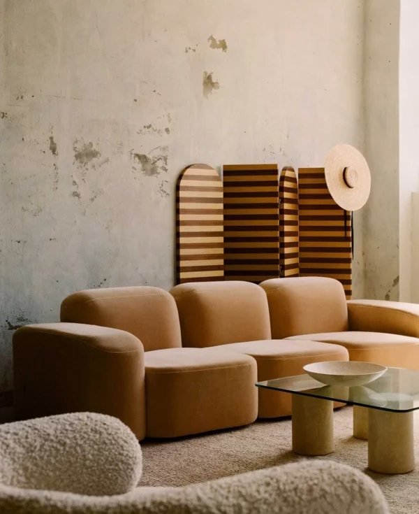 Striped Walnut and Ash Arched Folding Screen in walnut — in a room setting