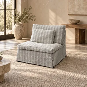 Striped Linen Modular Floor Sofa with Skirt, 80 cm Modules in slate — in a room setting
